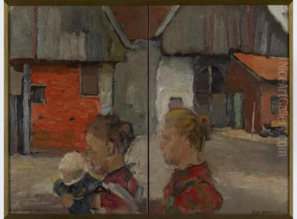 Vrouwen met kind voor boerderij Oil Painting by Piet Mondrian