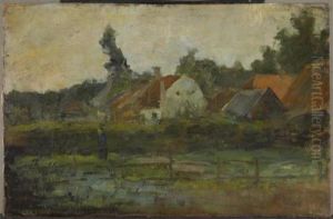 Farm buildings with fence in foreground