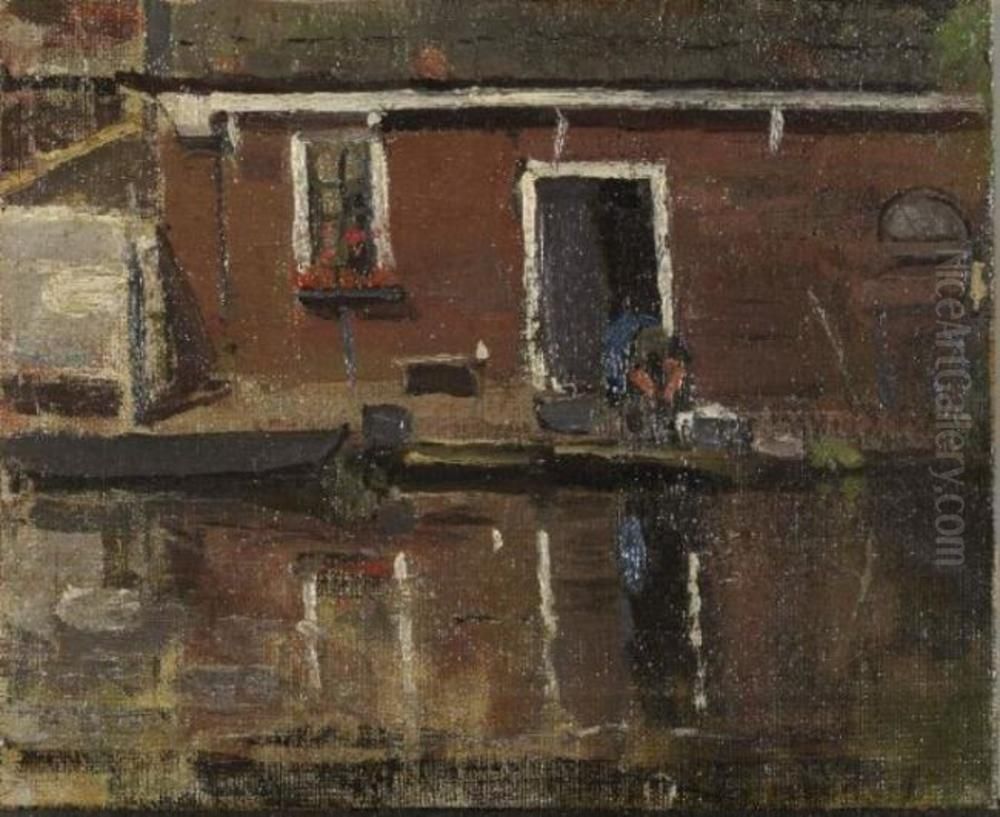 Huis aan het water met vrouw aan de was Oil Painting by Piet Mondrian