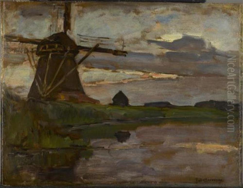 Oostzijdse mill viewed from downstream with streaked blue and yellow sky Oil Painting by Piet Mondrian