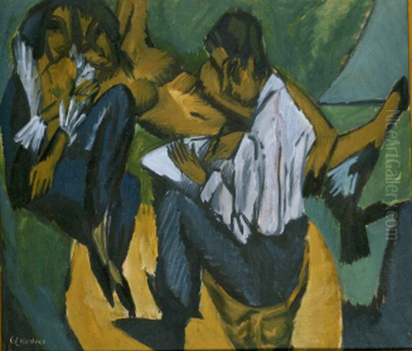 Artist Sketching with Two Women;  Artists Oil Painting by Ernst Ludwig Kirchner
