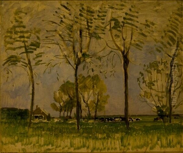 Boerderij met vier hoge bomen in de voorgrond I Oil Painting by Piet Mondrian