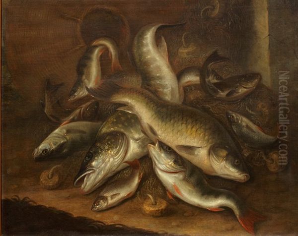 Visstilleven met zoetwatervissen, tenen fuik en visnet Oil Painting by Jacob Gillig