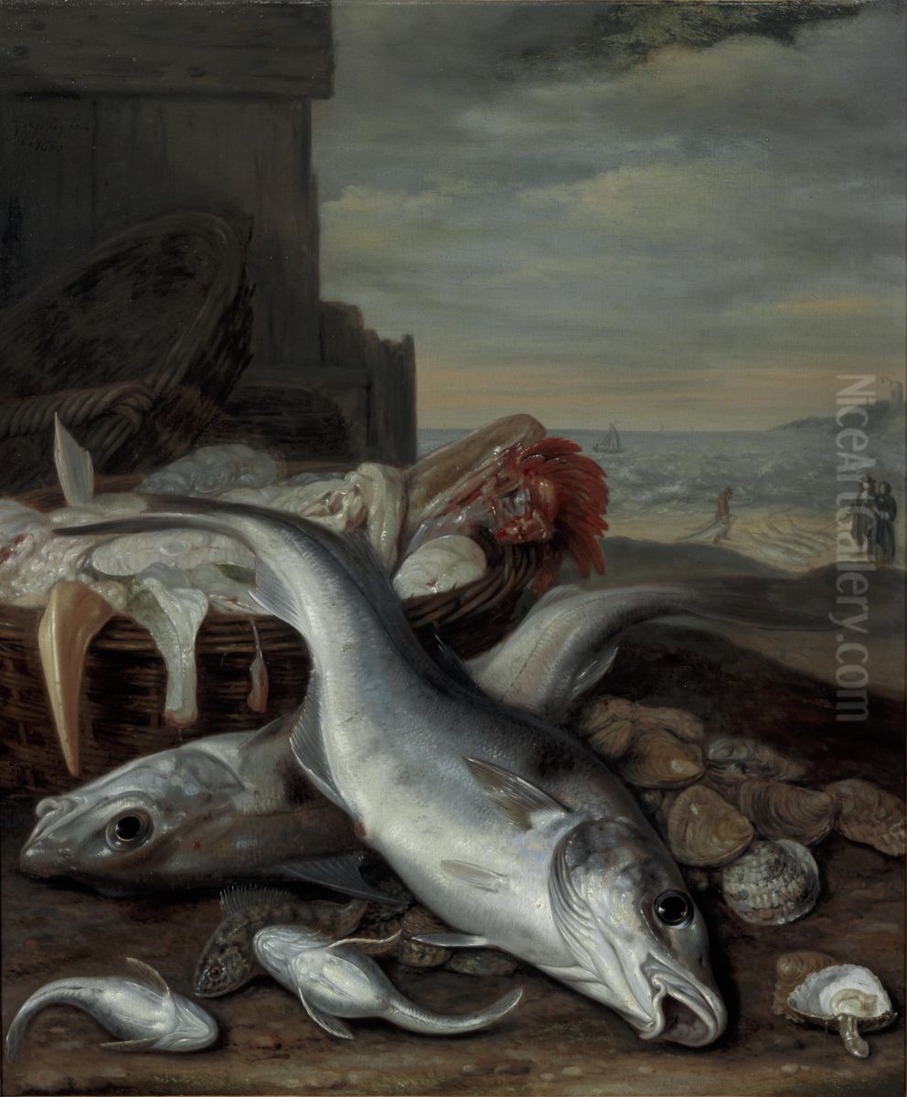 Visstilleven met aangesneden zeevis en oesters; rechts op de achtergrond de zee en het strand met visser, dame en heer Oil Painting by Jacob Gillig