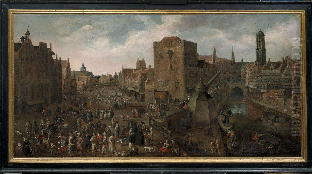 View of the Ganzenmarkt and the Stadhuis brug in Utrecht Oil Painting by Joost Cornelisz Droochsloot