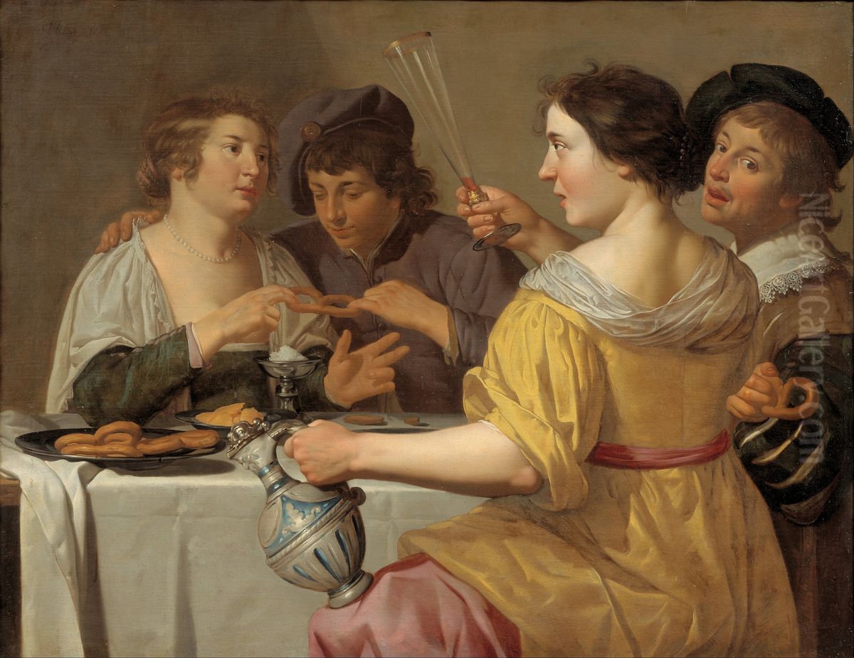 Het trekken aan de krakeling Oil Painting by Jan Van Bijlert