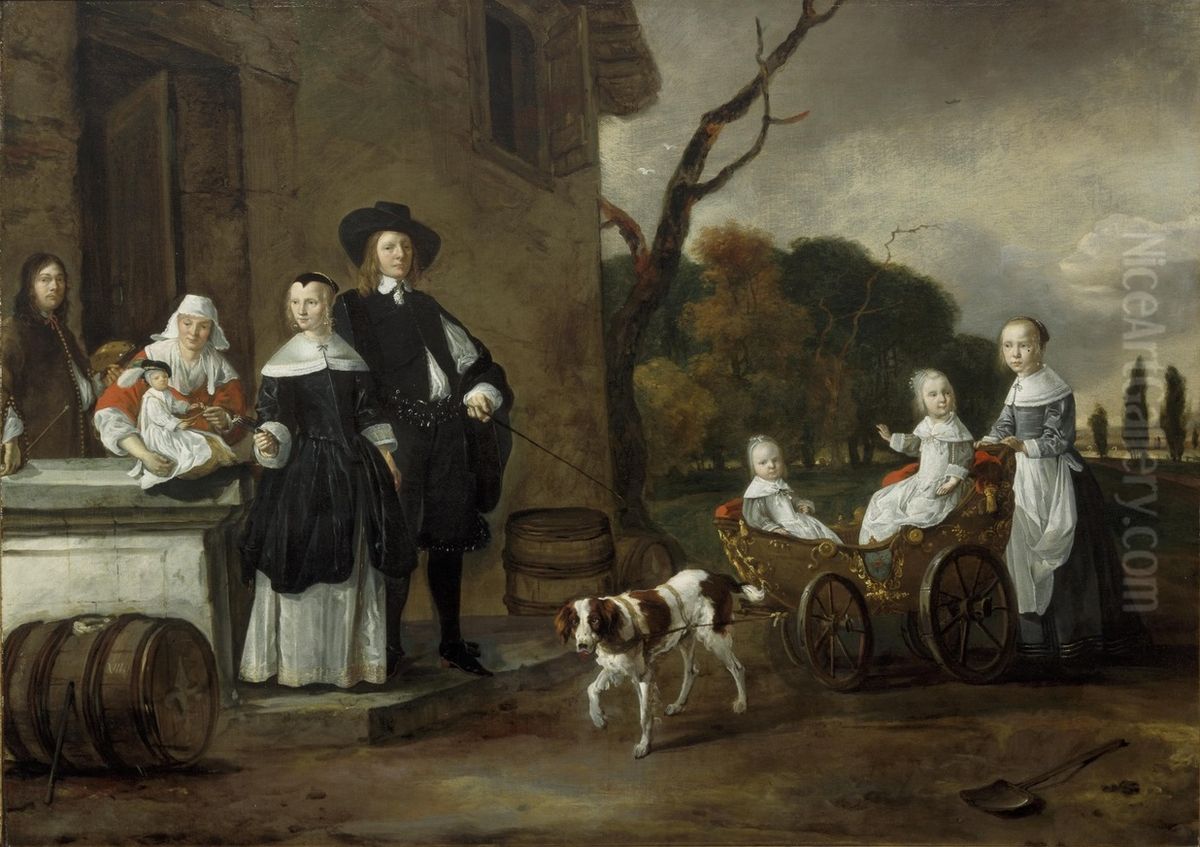 Family portrait, possibly of Cornelis van Wijckersloot, Maria Dibbout, their children and a wet nurse, with a self portrait of the artist Oil Painting by Jan Baptist Weenix