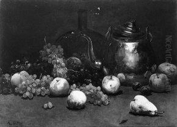 Stilleven met ketel, fles en vruchten Oil Painting by Antoine Vollon