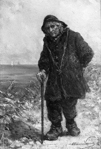 Oude zeeman op duin Oil Painting by Elchanon Verveer