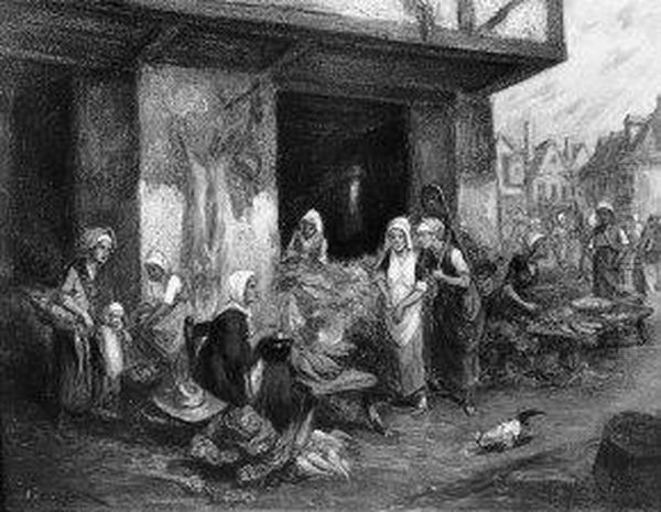 Markt in Normandisch dorpje Oil Painting by Adolphe Hervier
