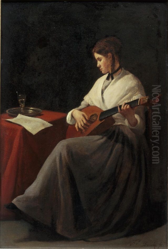 Luitspelende vrouw Oil Painting by Francois Bonvin