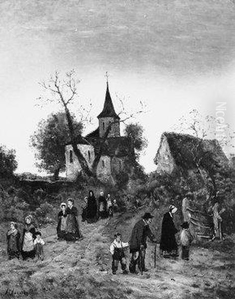 Kerkgang Oil Painting by Henri Harpignies