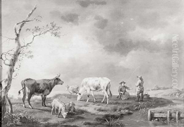 Landschap met koeien Oil Painting by Jan Kobell II