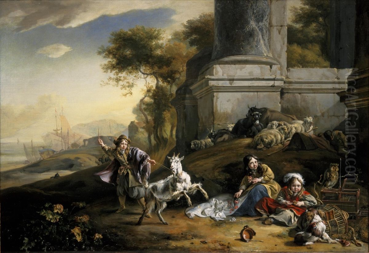 Kinderen met een geit in een Italiaans havenlandschap Oil Painting by Jan Weenix