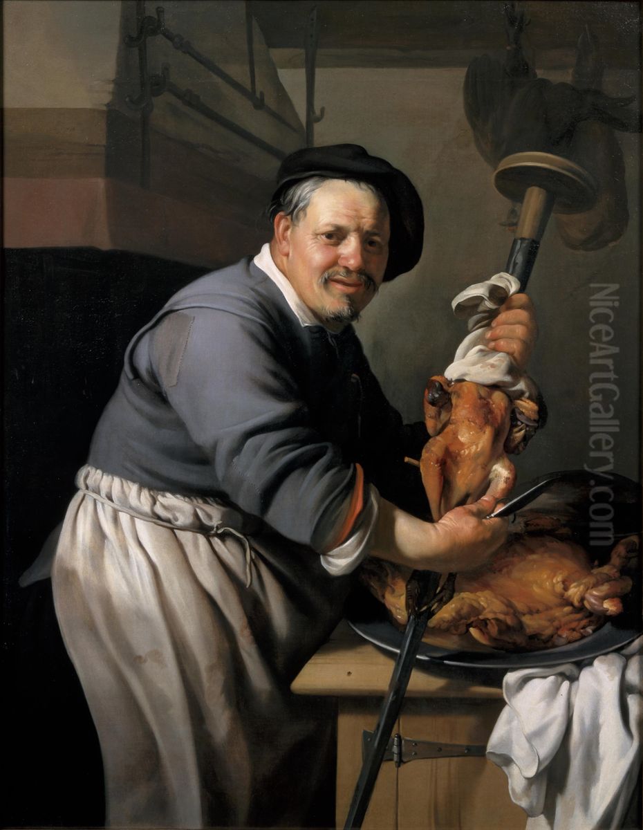 A cook preparing a grill-spit Oil Painting by Hendrick Bloemaert