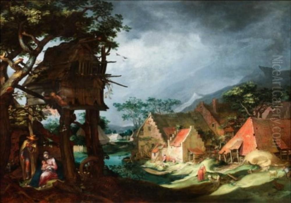 Farm landscape with the rest on the flight into Egypt Oil Painting by Abraham Bloemaert
