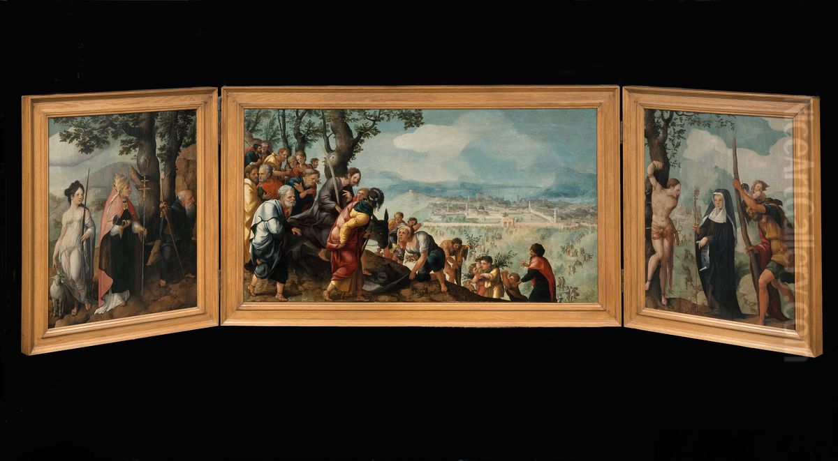 Triptych with The Entry of Christ into Jerusalem, saints and on the outside of the wings, patrons of the Van Lokhorst family Oil Painting by Jan Van Scorel Triptych with The Entry of Christ into Jerusalem, saints and on the outside of the wings, patrons of the Van Lokhorst family Oil Painting by Jan Van Scorel