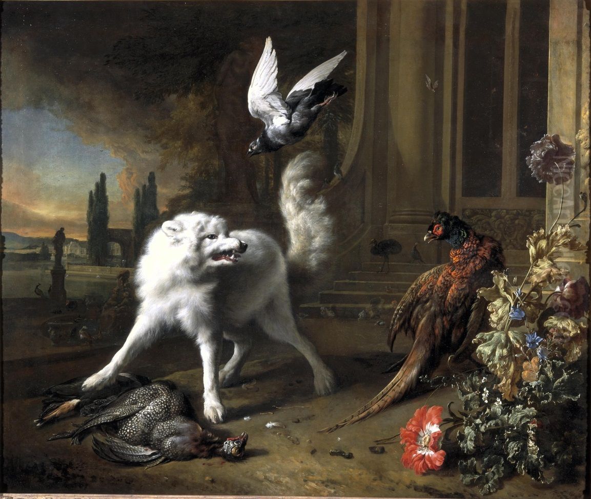 Een hond bewaakt een parelhoen Oil Painting by Jan Weenix