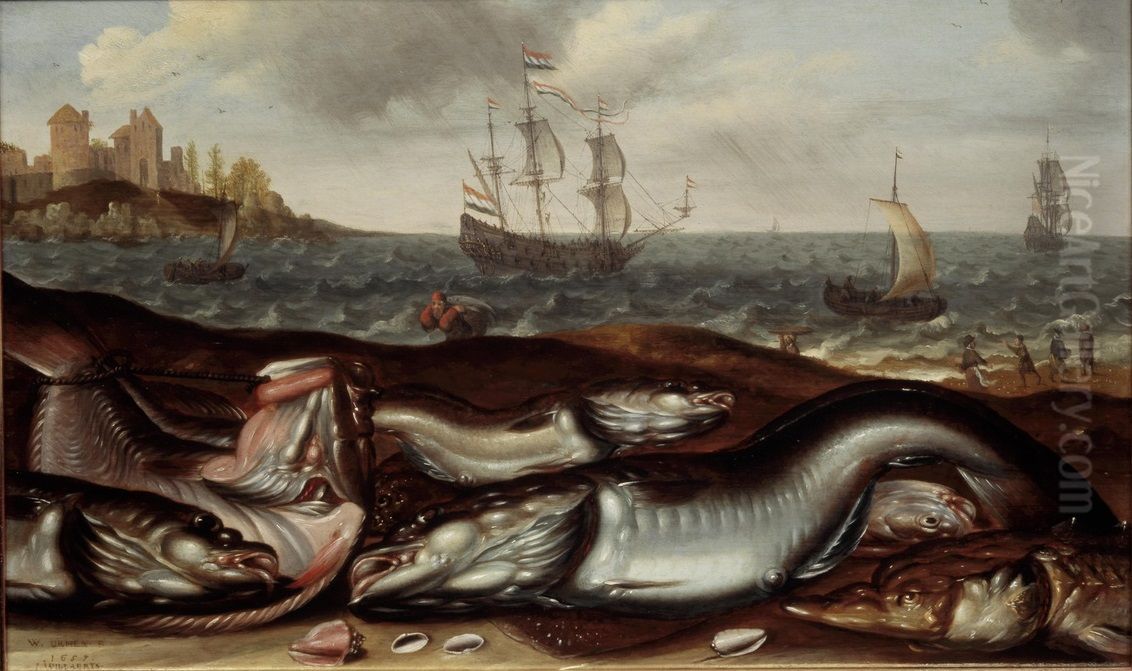 Visstilleven met strandgezicht Oil Painting by Adam Willaerts