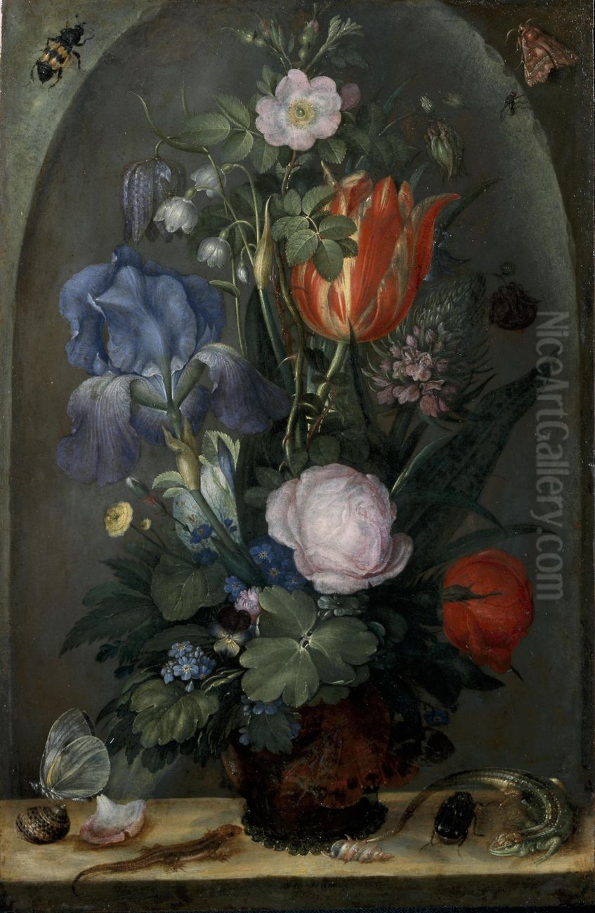 Bouquet of flowers with two Lizards Oil Painting by Roelant Savery