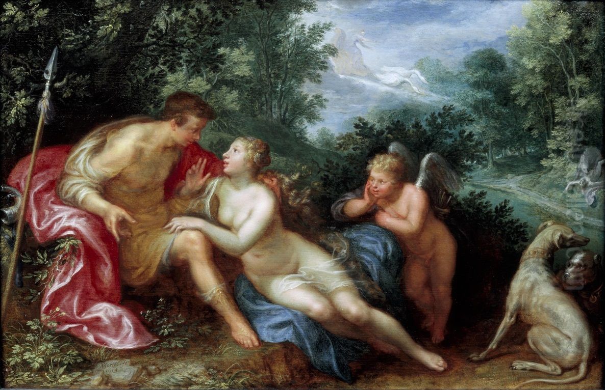 Venus trying to prevent Adonis from going hunting Oil Painting by Paulus Moreelse
