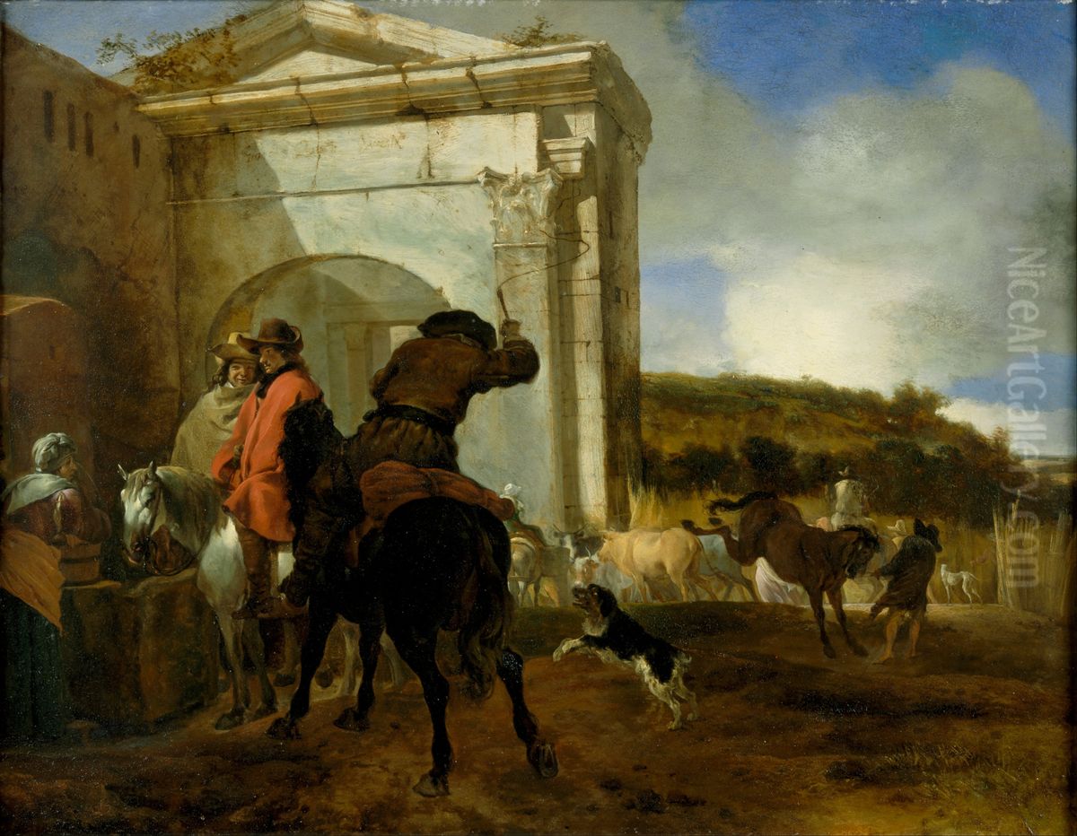 Italian Landscape with Horsemen by a Spring Oil Painting by Jan Baptist Weenix