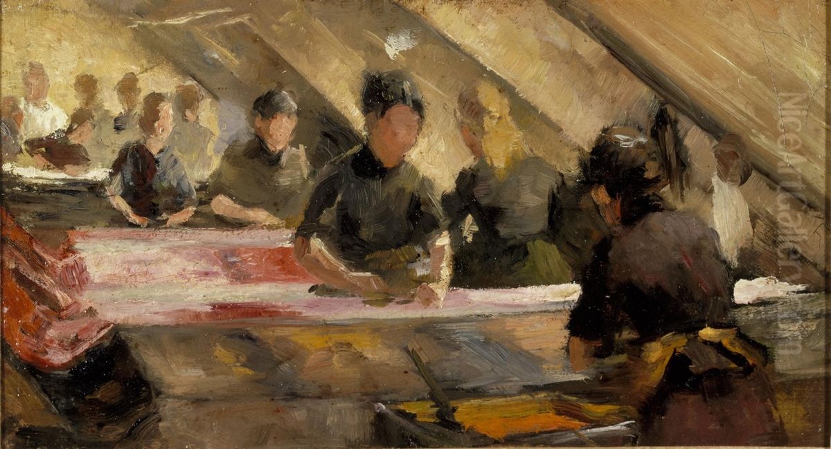Het poetsen of krabben van katoenen weefsels Oil Painting by Anthon van Rappard