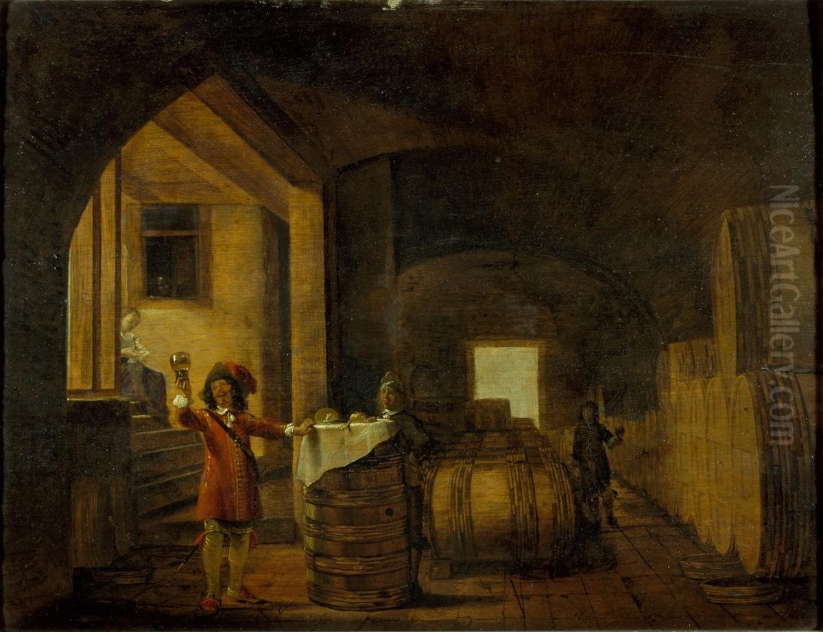 Interior of a winecellar, with a man inspecting a glass of wine Oil Painting by Nikolaus Knupfer