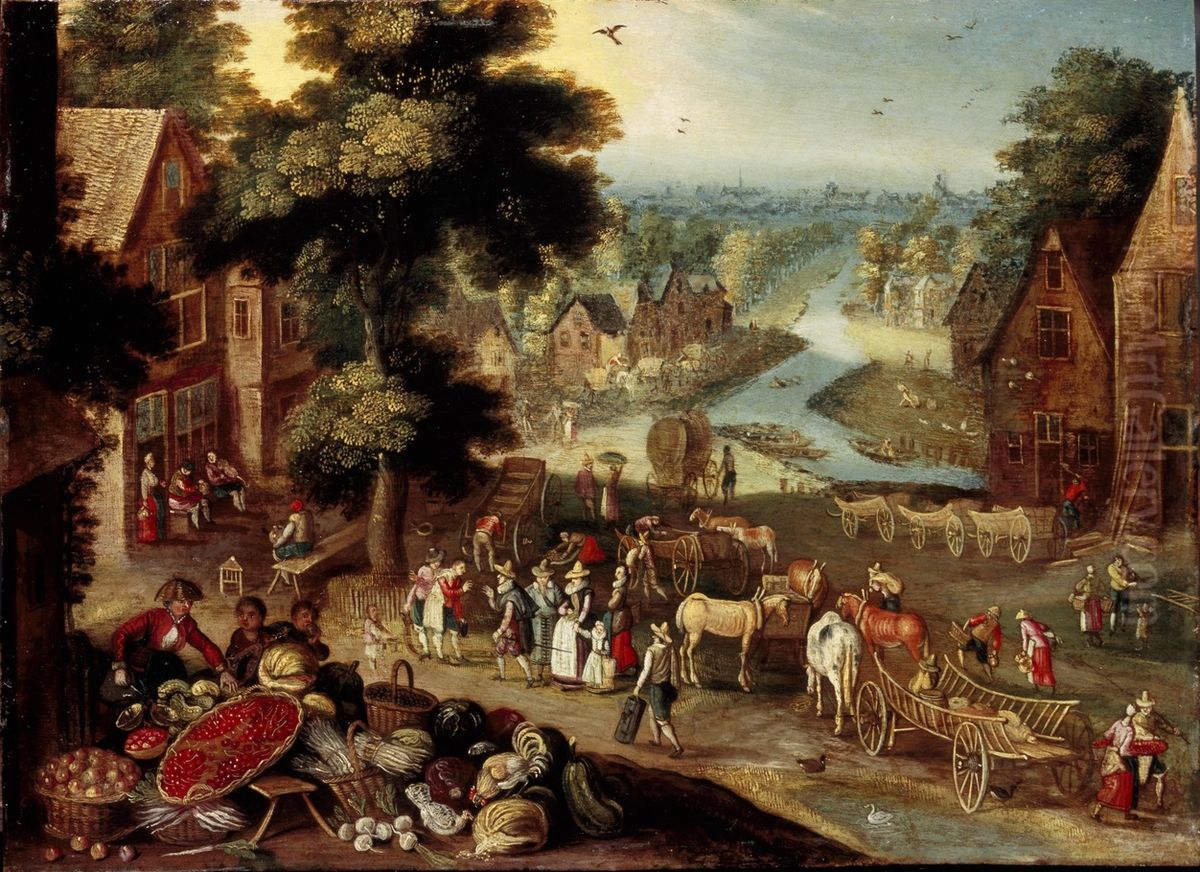 Village view with vegetable market Oil Painting by Jan Brughel