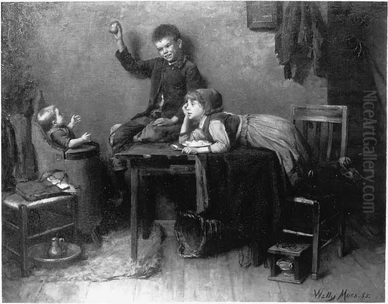 Interieur met spelende kinderen Oil Painting by Wally Moes