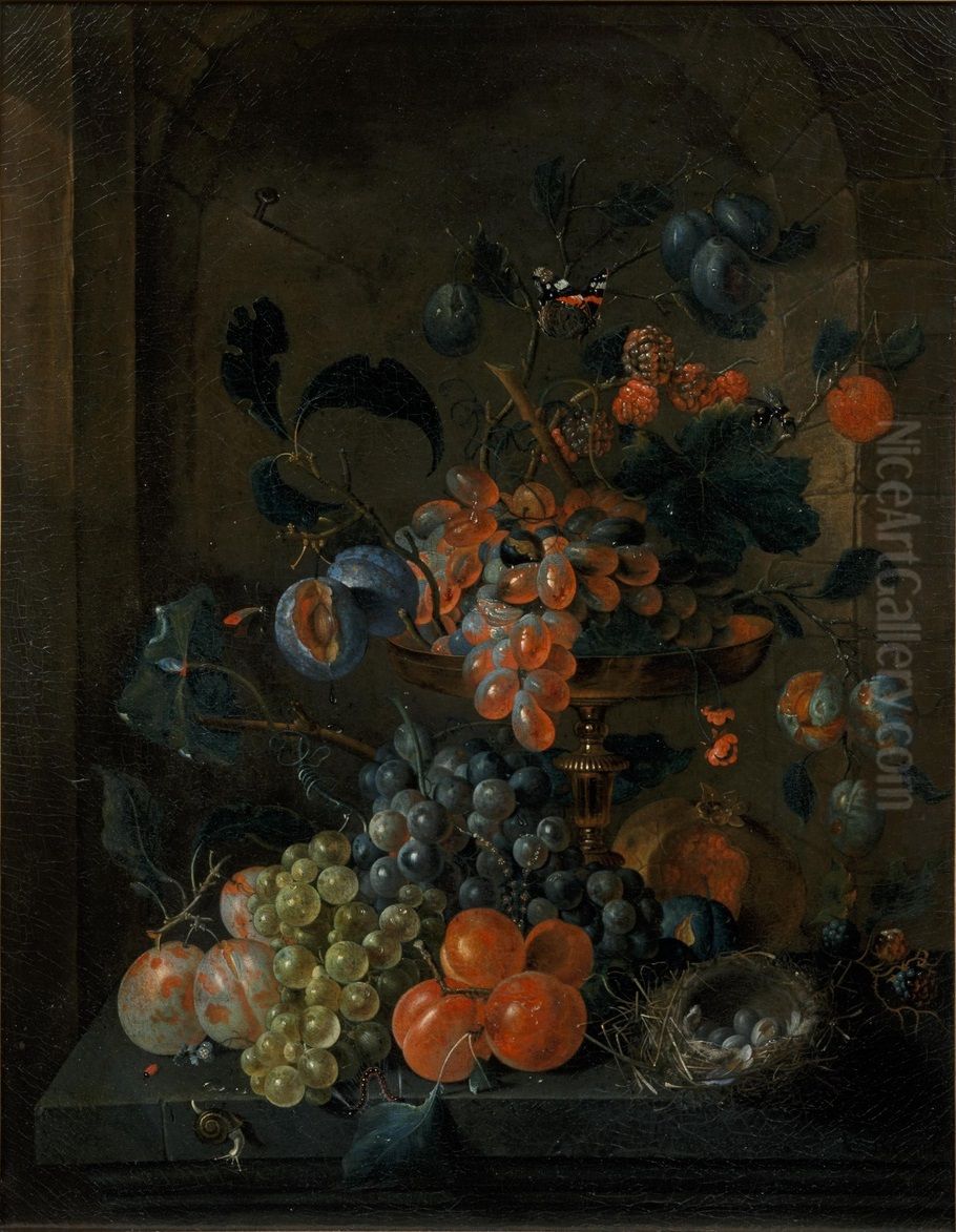 Still-life with fruit and a bird's nest in a niche Oil Painting by Coenraet Roepel