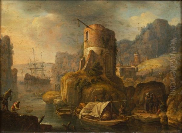 Rivierlandschap met ronde toren Oil Painting by Herman Saftleven