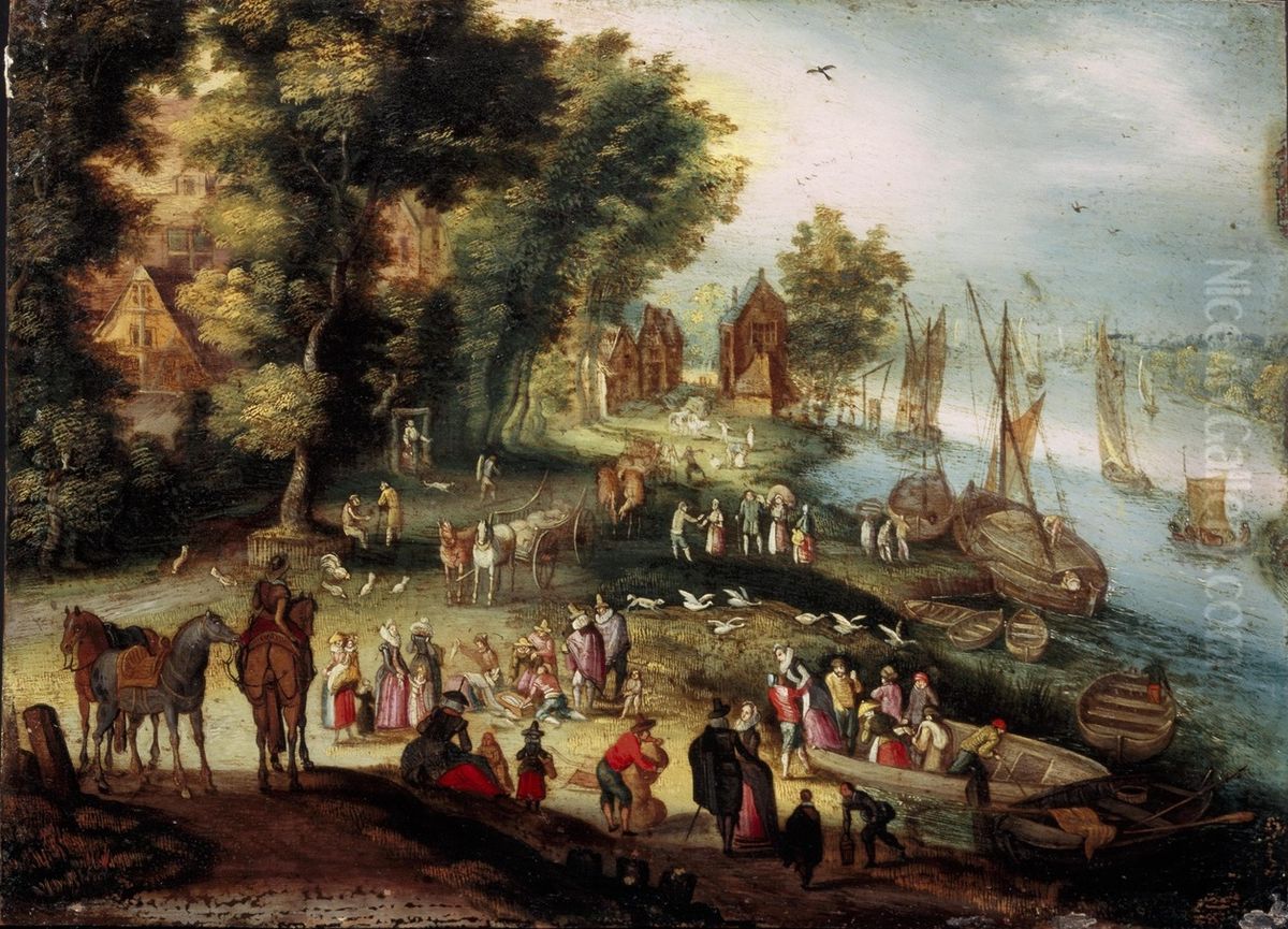 River view with fish market Oil Painting by Jan Brughel