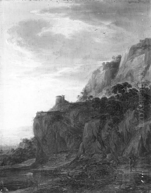 Berglandschap met toren Oil Painting by Herman Saftleven