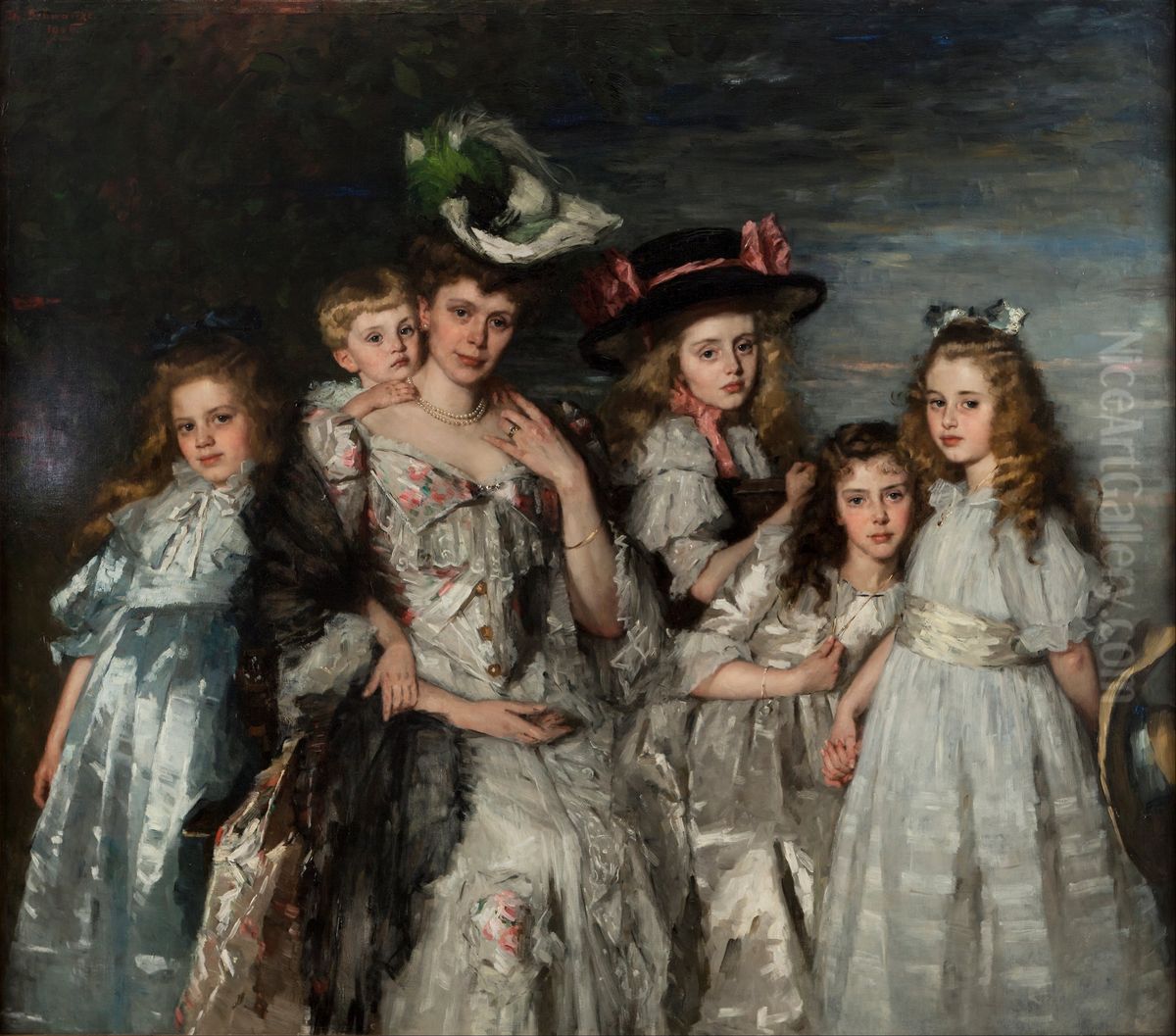 Portrait of Mrs.  A.G.M. van Ogtrop-Hanlo (1871-1944) and her five children Oil Painting by Therese Schwartze