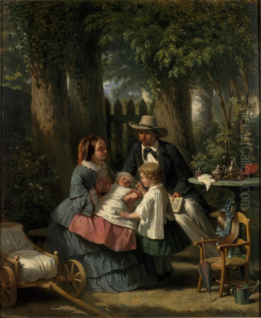 David van der Kellen (1827-1895), Anna Wilhelmina van der Kellen (1829-1885) and their children Anna Catharina (1852-?) and Henriette Frederika (1854-?) Oil Painting by David Van Der Kellen