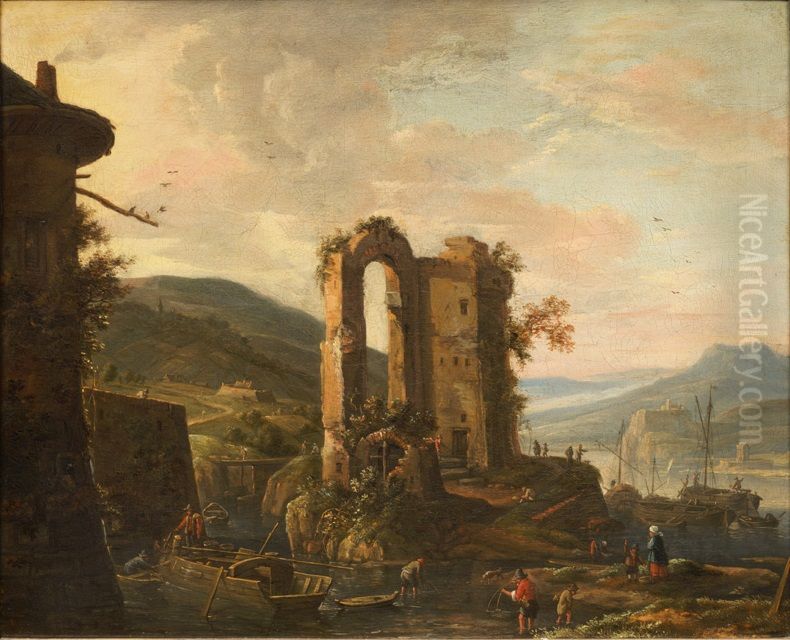 Mountain landscape with ruins near a mooring place Oil Painting by Herman Saftleven