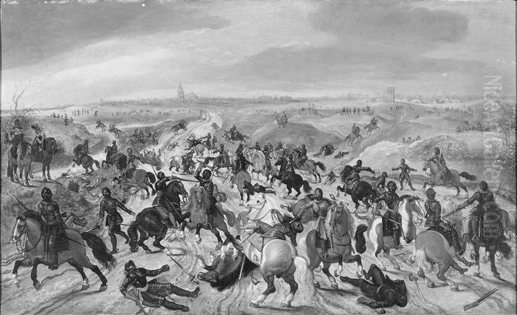 Het gevecht tussen Breaute en Lekkerbeetjen op 5 februari 1600 Oil Painting by Gerrit van Santen