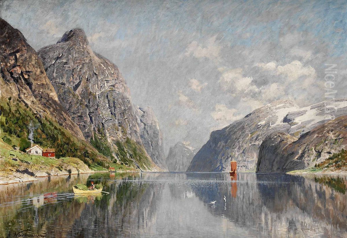 Norsk fjordlandskap Oil Painting by Adelsteen Normann