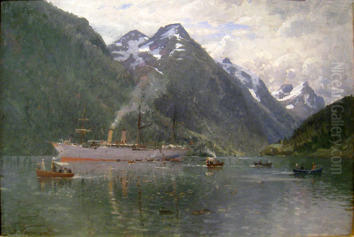 Vestlandsfjord med turistskip Oil Painting by Adelsteen Normann