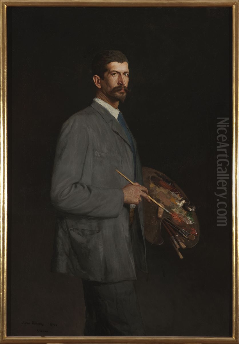 Self-portrait with palette Oil Painting by Antoni Piotrowski