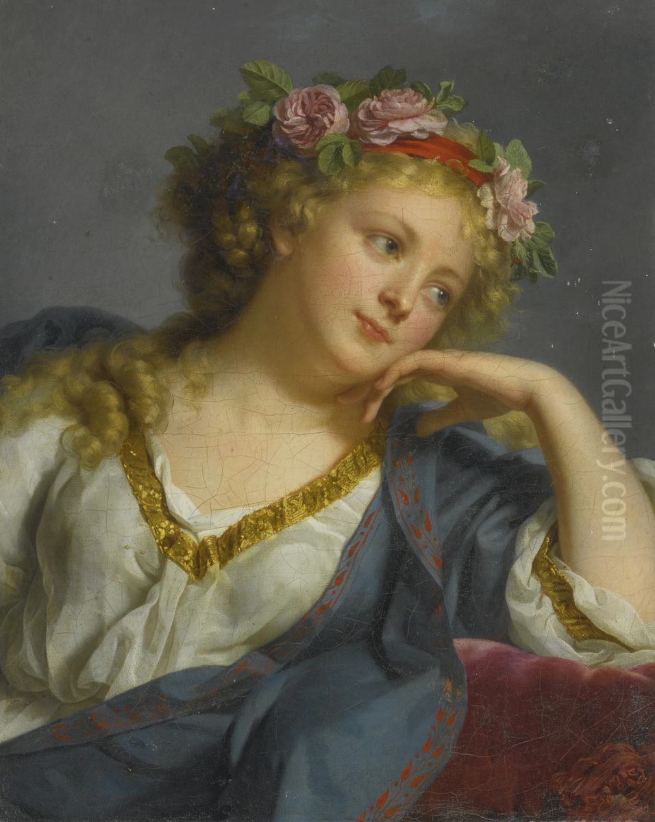 Tete de Femme couronnee de roses Oil Painting by Marie-Genevieve Bouliard