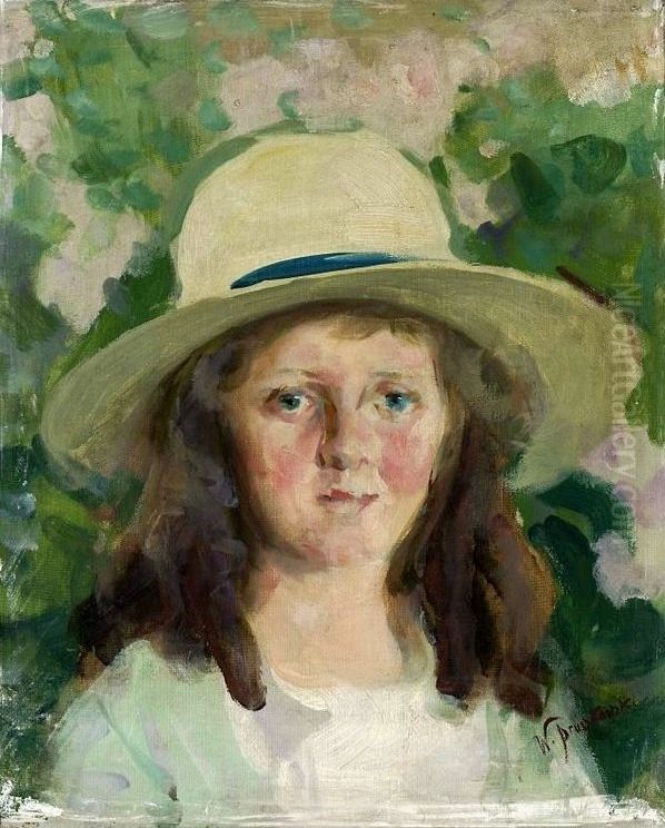 Portrait of a girl in a hat Oil Painting by Witold Pruszkowski