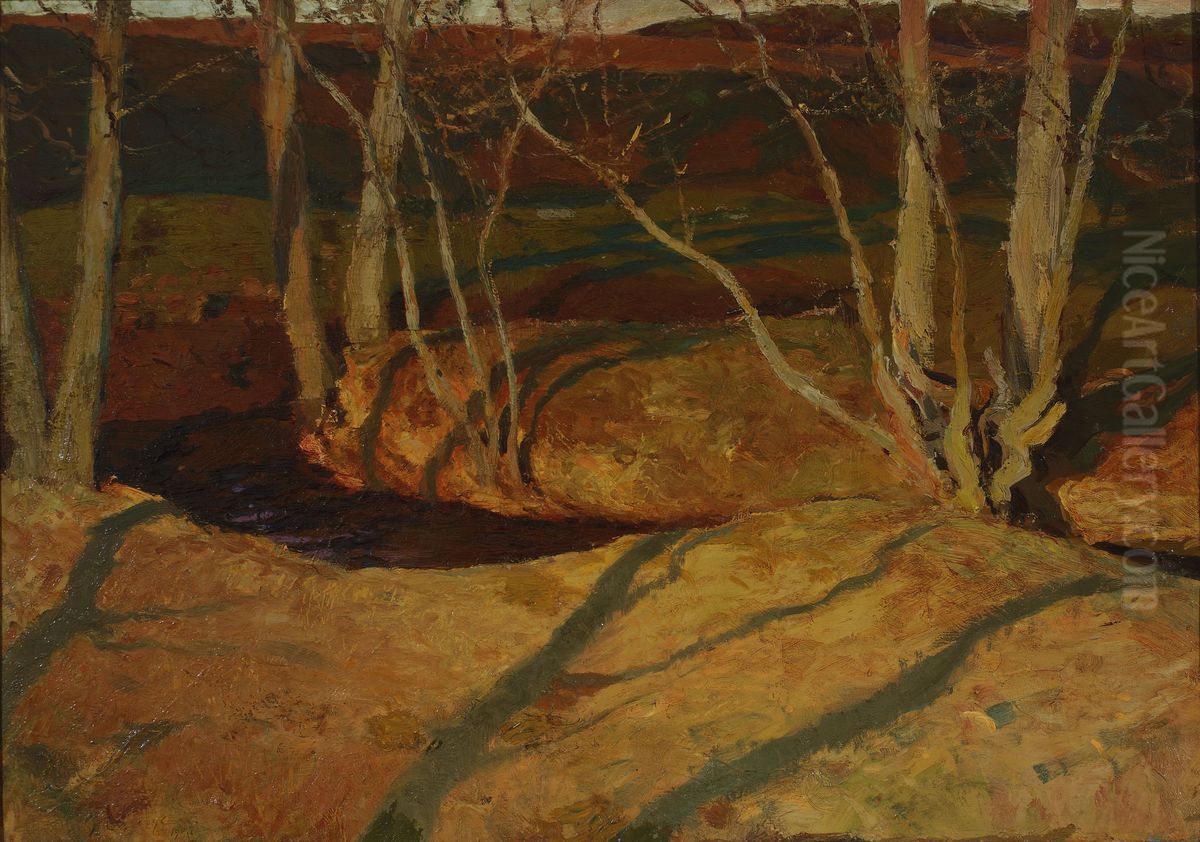 Autumn landscape at sunset Oil Painting by Ferdynand Ruszczyc