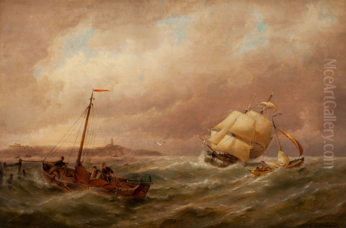 Shipping in the Harbor Oil Painting by Pieter Cornelis Dommersen