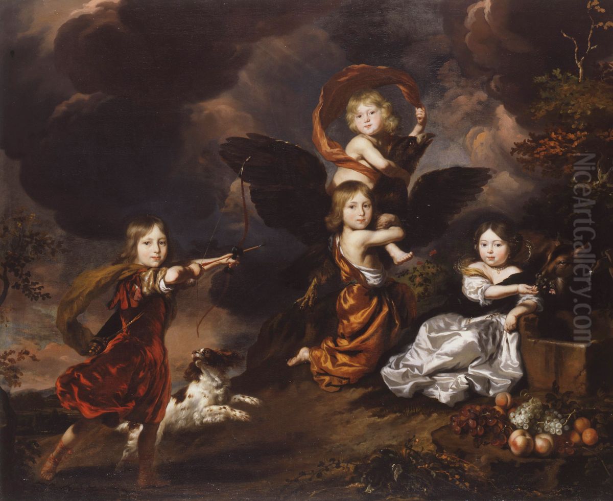 Group portrait of four unknown children representing mythological figures Oil Painting by Nicolaes Maes