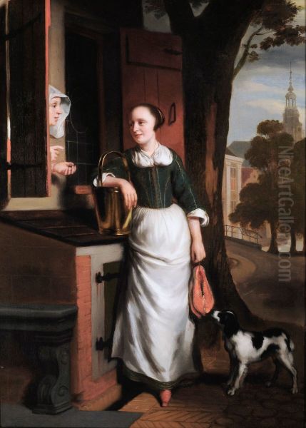Two chattering housewives Oil Painting by Nicolaes Maes
