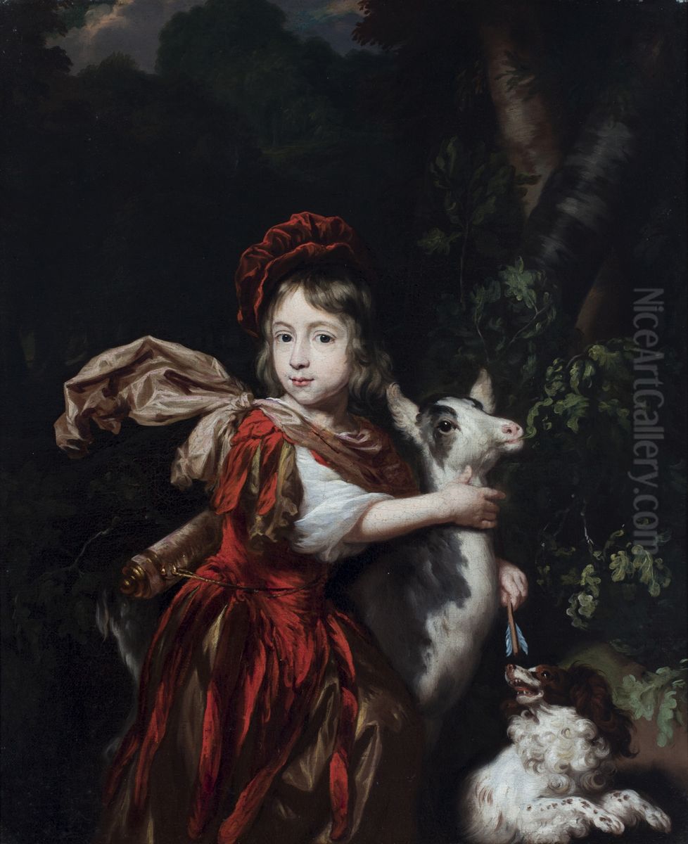 A Portrait of a young Boy dressed as a Hunter with a Goat and a Dog Oil Painting by Nicolaes Maes