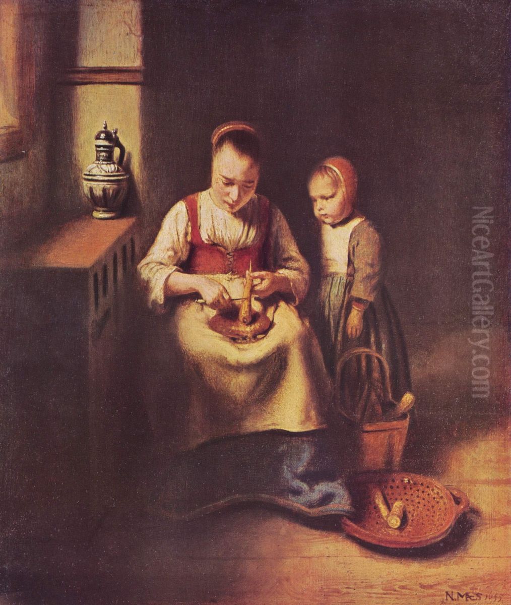 Eine Frau, Kratzen Pastinaken, mit einem Kind, stehenden von ihrem Oil Painting by Nicolaes Maes