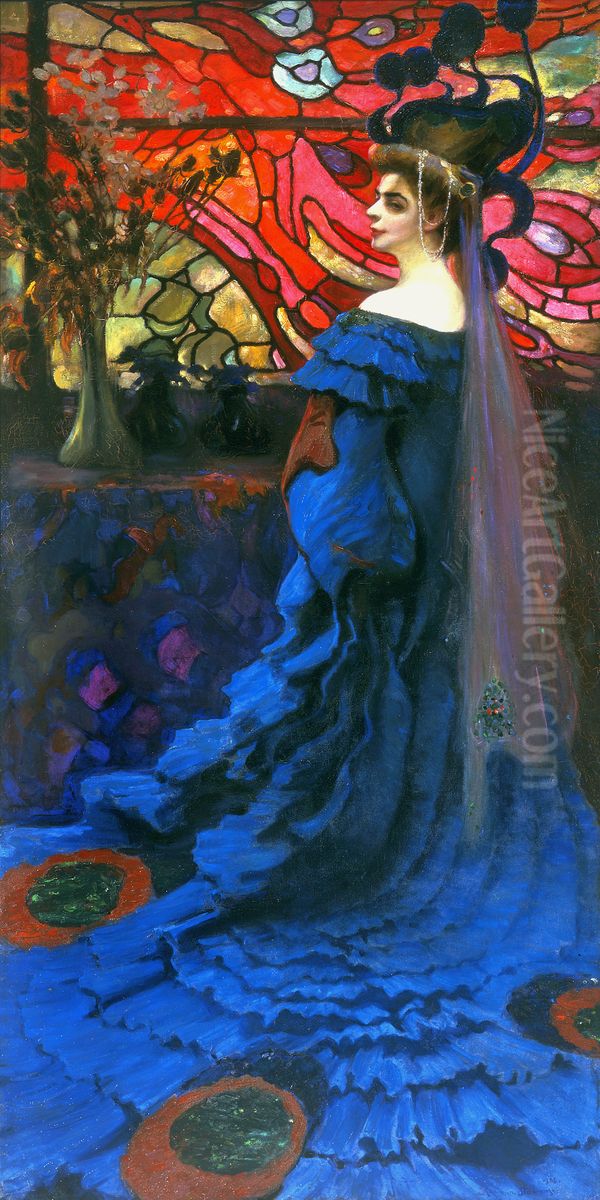 Peacock - portrait of Zofia Borucinska nee Jakimowicz Oil Painting by Kazimierz Stabrowski